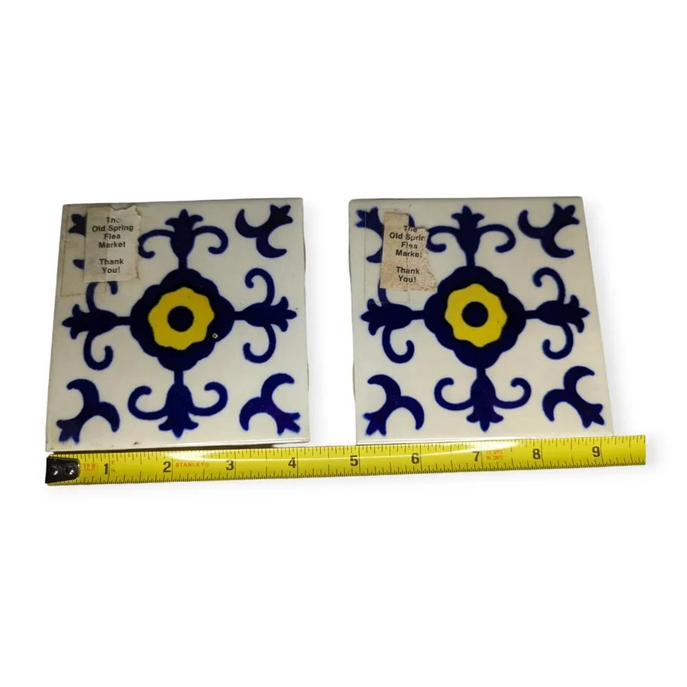 2 Mexican Dal-Tile Clay Tile Folk Art 4 x 4 Blue & Yellow